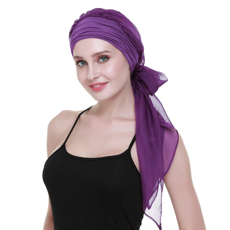 FocusCare Cancer HeadCovers for Women Pre Tied Headwrap Chemo Patient Turbans Scarves Dark Purple - Image 1